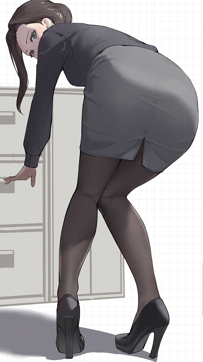 1girl ass ass_focus bent_over black_footwear black_jacket black_pantyhose brown_hair c-eye cabinet file_cabinet green_eyes grey_skirt high_heels highres jacket looking_back office_lady original pantyhose skirt solo