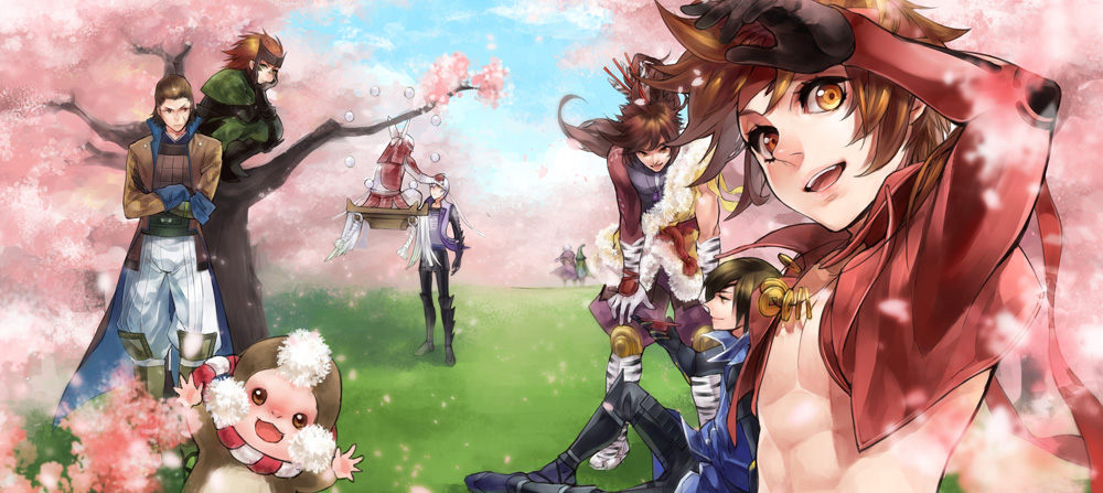 6+boys brown_eyes brown_hair cherry_blossoms date_masamune_(sengoku_basara) field headband japanese_clothes katakura_kojuurou maeda_keiji monkey multiple_boys open_clothes open_shirt sanada_yukimura_(sengoku_basara) sarutobi_sasuke sengoku_basara siruphial sitting tree yumekichi