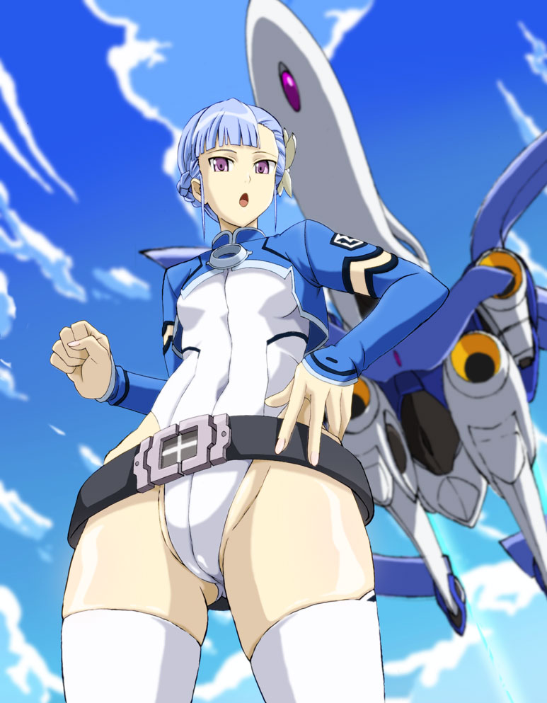 10s 1girl :o asymmetrical_bangs belt blue_hair breasts clenched_hand cloud day enfuku female_focus fin_e_ld_si_laffinty gluteal_fold highleg leotard looking_at_viewer purple_eyes rinne_no_lagrange skindentation small_breasts solo thighhighs vox_lympha