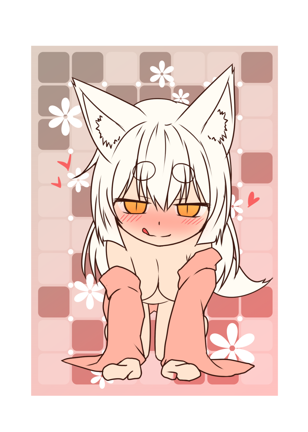 all_fours animal_ears blush breasts chibi cleavage commentary_request fox_ears fox_girl fox_tail hair_between_eyes heart highres kohaku_(yua) large_breasts long_sleeves looking_at_viewer nude orange_eyes original slit_pupils solo tail thick_eyebrows tongue tongue_out white_hair yua_(checkmate)