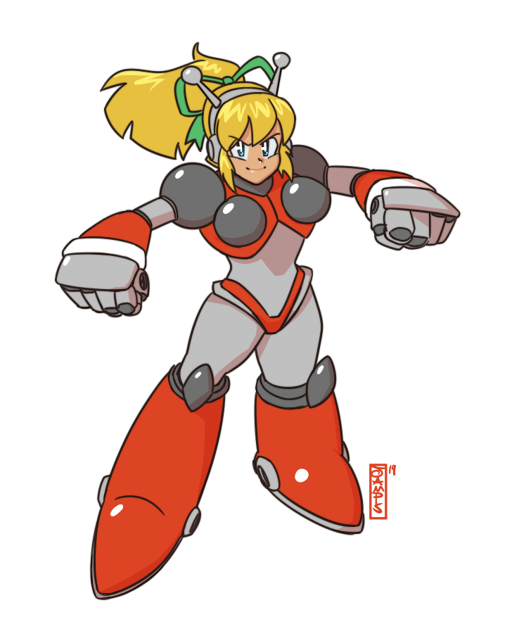 antennae armor armored_boots armored_gloves arms_up bikini_armor blonde_hair blue_eyes boots breasts earphones green_eyes green_ribbon hair_ribbon hairband headphones hyper_roll_(marvel_vs._capcom) joints knee_boots large_breasts long_hair looking_at_viewer marvel_vs._capcom mechanical_arms mechanical_boots mechanical_legs mega_man_(classic) mega_man_(series) ponytail radio_antenna red_armor ribbon robot robot_girl robot_joints ryan_jampole shoulder_armor sidelocks smile