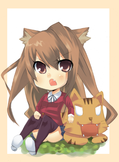 00s 1girl aisaka_taiga animal_ears bad_id bad_pixiv_id brown_eyes brown_hair chibi fang female_focus koba long_hair open_mouth palmtop_tiger solo thighhighs tiger toradora!