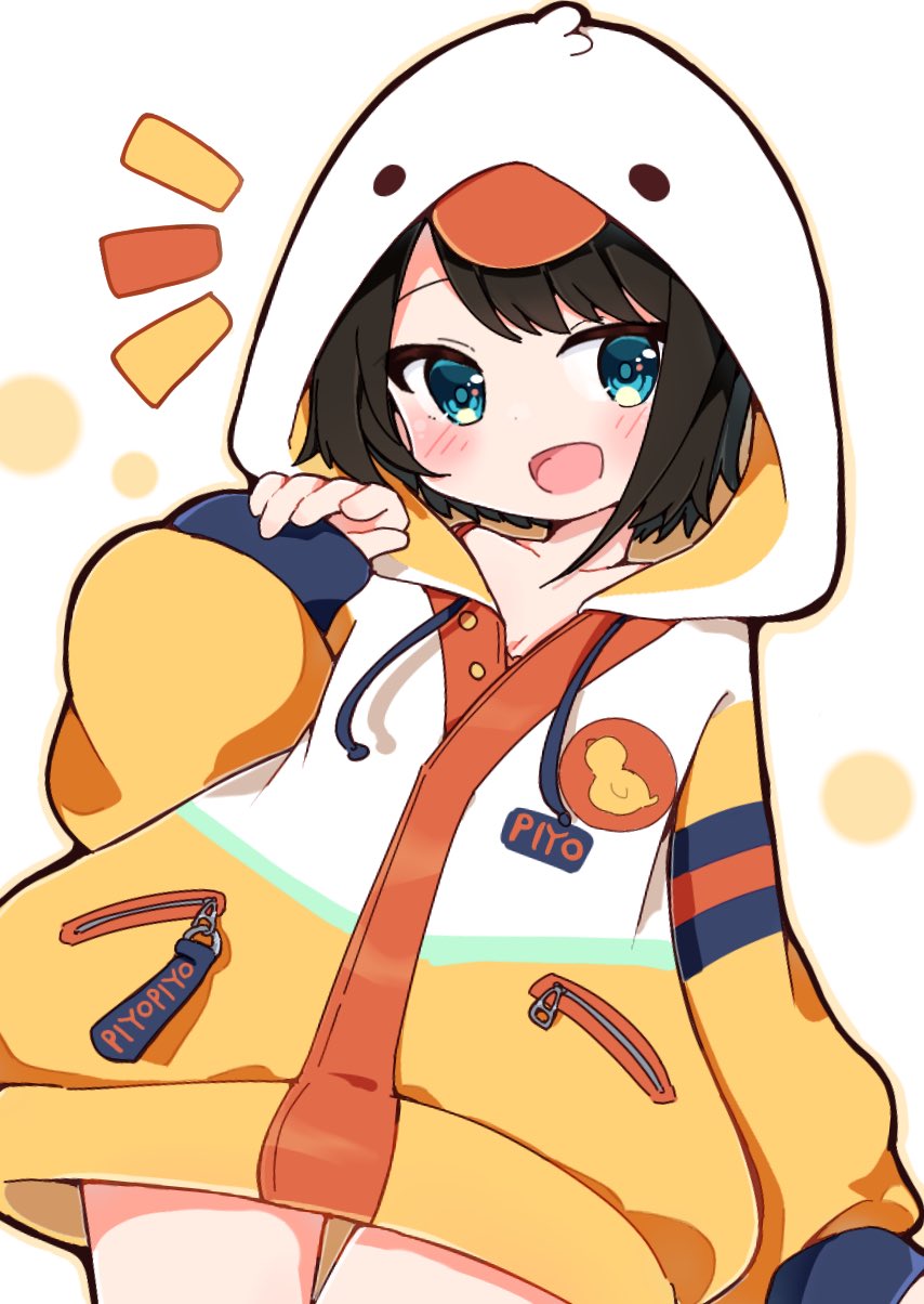 1girl animal_hood black_hair blue_eyes chibi cowboy_shot hand_up highres hololive hood hood_up hooded_jacket jacket long_sleeves multicolored_clothes multicolored_jacket no_pants notice_lines official_alternate_costume oozora_subaru oozora_subaru_(loungewear) pinching_sleeves rabiiandrain short_hair sleeves_past_wrists solo swept_bangs virtual_youtuber white_jacket yellow_jacket