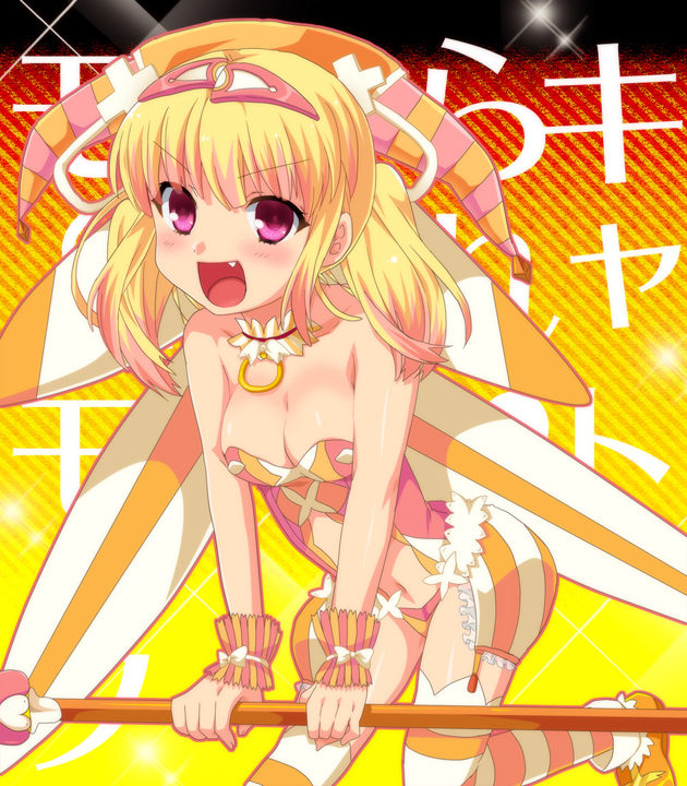 1girl bad_id bad_pixiv_id bare_shoulders beatmania_(series) beatmania_iidx bemani blonde_hair blush breasts cleavage collar fang female_focus futaba_841 hair_ornament hat ki_no_rapika long_hair looking_at_viewer navel open_mouth red_eyes smile solo staff striped_clothes striped_thighhighs thighhighs