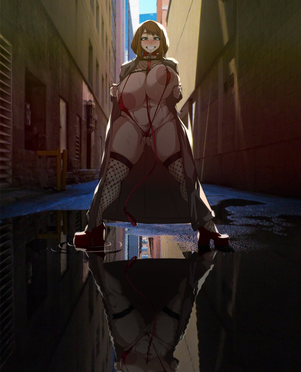 1girl alley anguriask blush boku_no_hero_academia breasts brown_coat brown_eyes brown_hair coat day fishnet_thighhighs fishnets highres huge_breasts leash long_coat looking_at_viewer nipples open_clothes open_coat outdoors public_indecency puddle red_slingshot_swimsuit reflection reflective_water slingshot_swimsuit solo standing swimsuit thighhighs uraraka_ochako