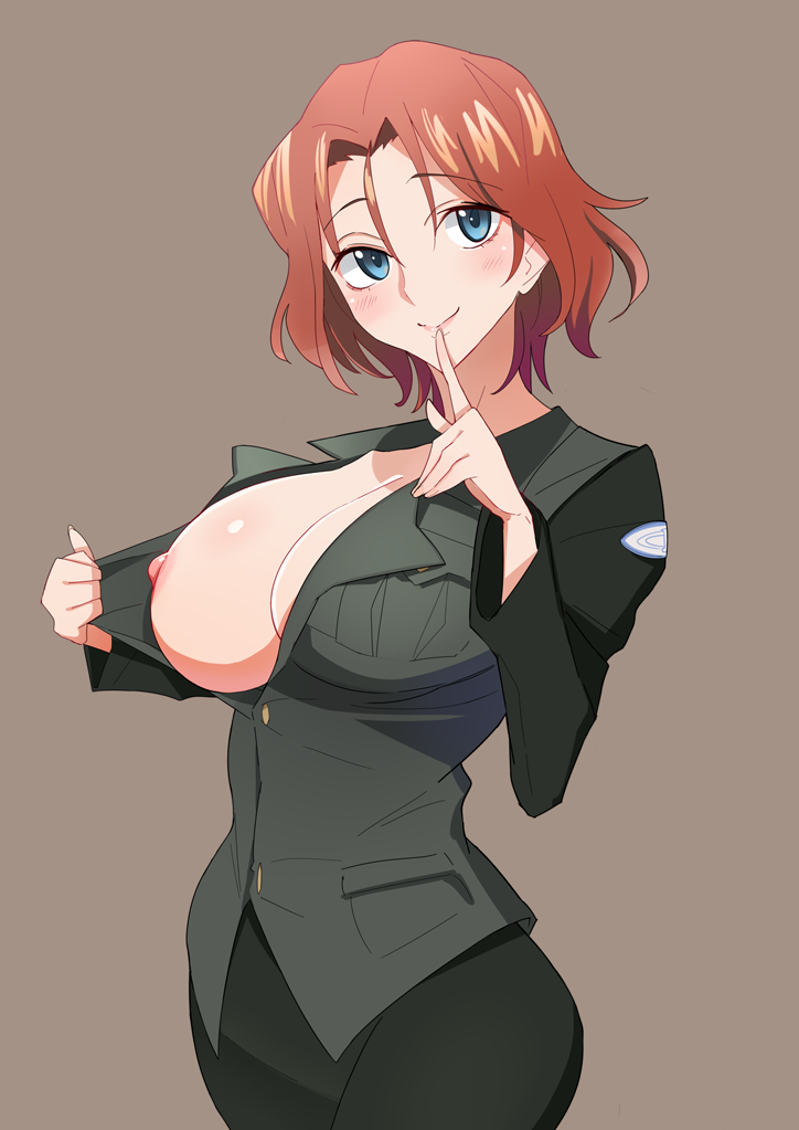 1girl azumi_(girls_und_panzer) baron_(nsbaron) blue_eyes blush breasts brown_hair cleavage finger_to_mouth flashing girls_und_panzer index_finger_raised jacket large_breasts looking_at_viewer nipples no_bra one_breast_out open_clothes open_jacket selection_university_military_uniform short_hair shushing solo