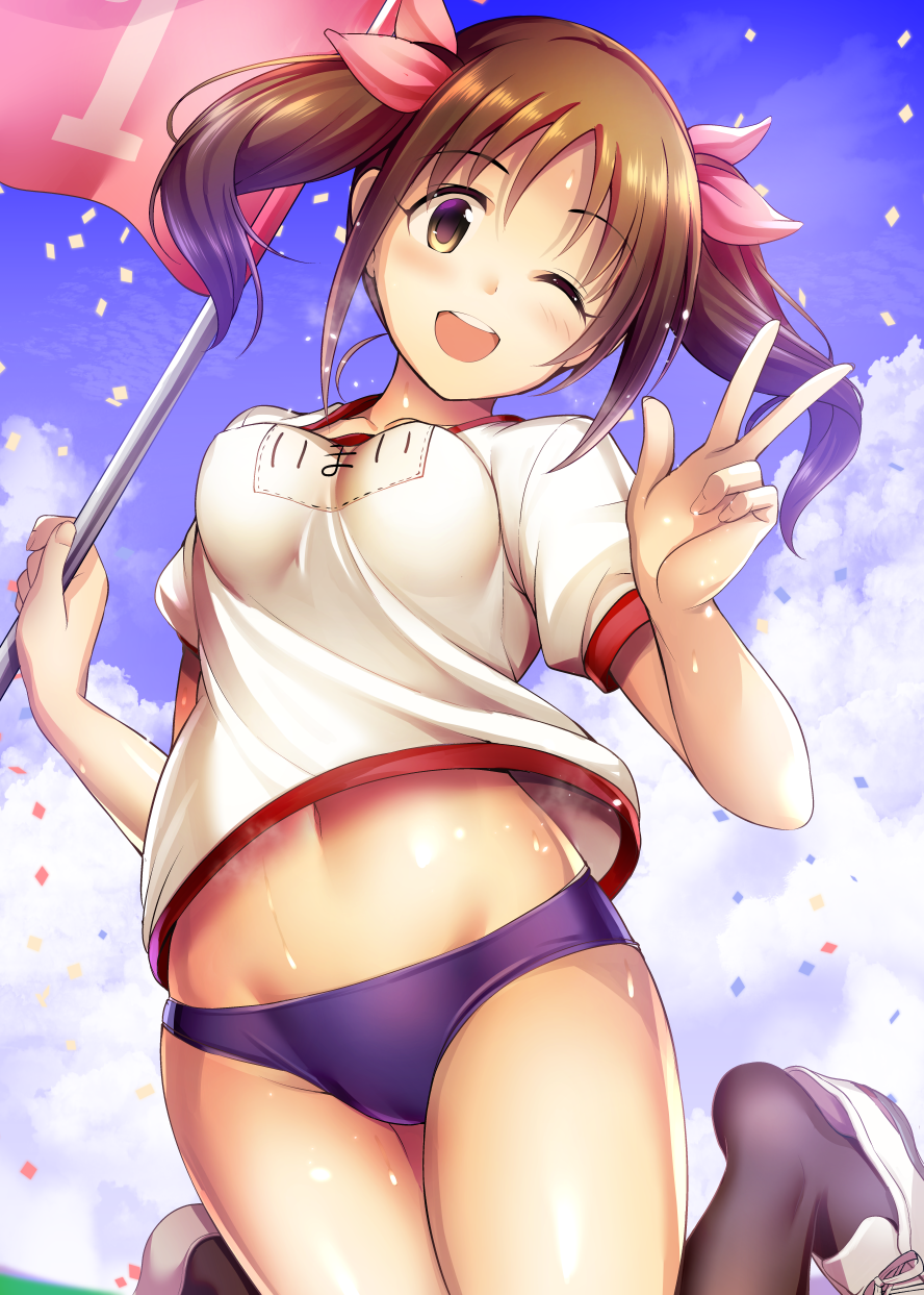 1girl ;d black_legwear blue_buruma bow brown_hair buruma character_name flag floating_hair gym_uniform hair_bow head_tilt highres holding holding_flag idolmaster idolmaster_cinderella_girls imai_kana long_hair looking_at_viewer ment midriff navel one_eye_closed open_mouth pink_bow shiny_skin shirt short_sleeves smile solo stomach sweat w white_shirt yellow_eyes