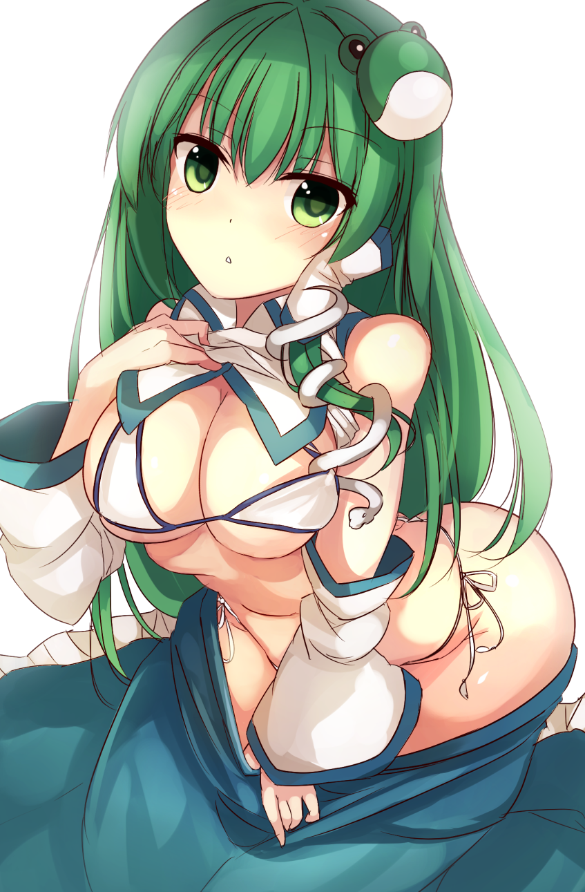 1girl :o ass bent_over bikini blue_skirt blush breasts cleavage clothes_pull collared_vest cowboy_shot eyebrows female_focus frog_hair_ornament green_eyes green_hair hair_ornament hair_tubes highres janne_cherry kochiya_sanae large_breasts lifting_own_clothes looking_at_viewer matching_hair/eyes md5_mismatch parted_lips pulling_own_clothes resolution_mismatch ribbon side-tie_bikini_bottom skirt skirt_pull snake_hair_ornament solo source_smaller swimsuit touhou undressing vest vest_lift white_bikini white_ribbon wing_collar