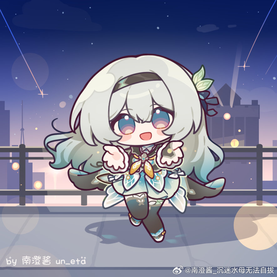 1girl black_gloves black_hairband chibi chibi_only eta firefly_(honkai:_star_rail) full_body gloves green_skirt green_thighhighs grey_hair hair_between_eyes hair_ornament hairband honkai:_star_rail honkai_(series) long_hair looking_at_viewer neckerchief open_mouth orange_neckerchief partially_fingerless_gloves shooting_star skirt sky smile solo star_(sky) starry_sky thighhighs two-tone_eyes