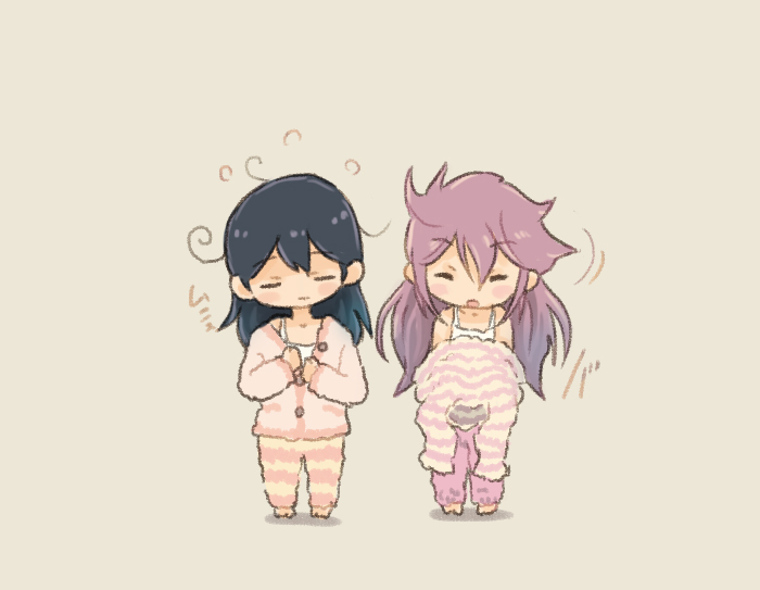 2girls ahoge akebono_(kancolle) black_hair closed_eyes hair_down kantai_collection messy_hair multiple_girls pajamas pants purple_hair saiguchi_otoufu shirt sleepy standing striped_clothes striped_pants striped_shirt undressing ushio_(kancolle)