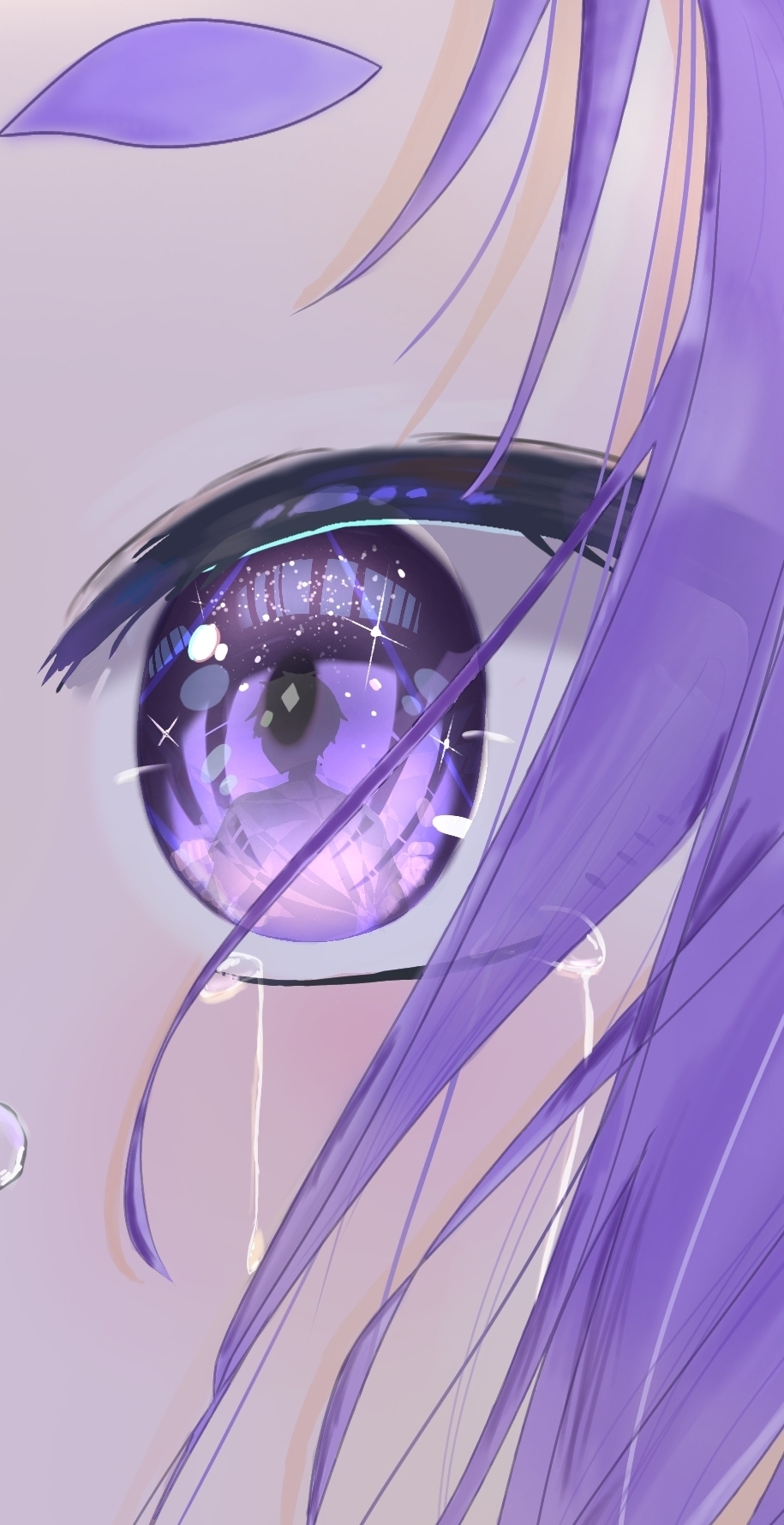 1boy 1girl close-up copyright_request crying eye_focus eye_reflection highres purple_eyes purple_hair purple_theme reflection short_eyebrows sparkling_eyes yoki_(107594018)