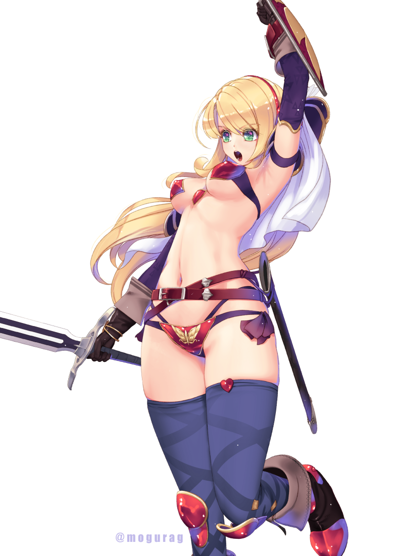 1girl armor bikini_armor blonde_hair breasts cleavage mogurag pussy_shield shield solo