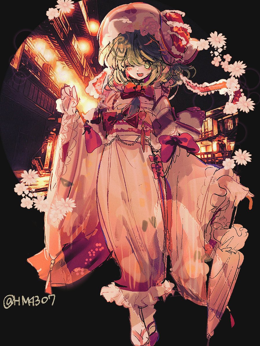 1girl alternate_costume frilled_kimono frills front_ponytail full_body green_hair hm4307 japanese_clothes kagiyama_hina kagiyama_hina_(secluded_spring_cleansing) kimono looking_at_viewer smile solo touhou touhou_lostword twitter_username wide_sleeves