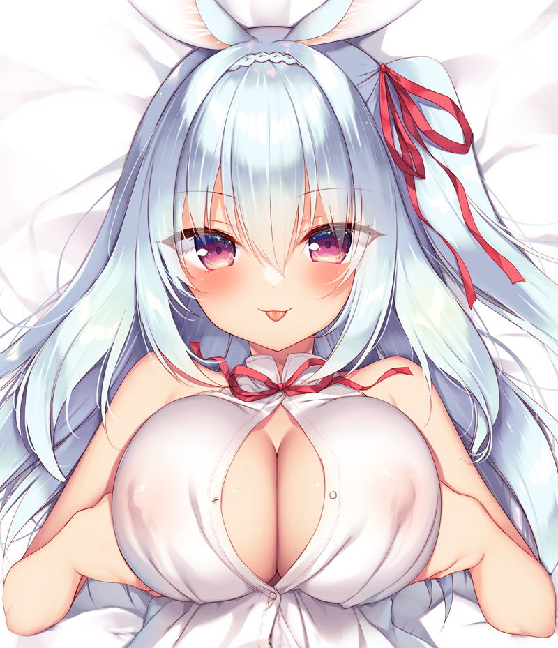 1girl :p animal_ears blue_hair blush boku_no_risou_no_isekai_seikatsu braid breast_hold breast_press breasts cleavage cleavage_cutout clothing_cutout covered_erect_nipples hair_ribbon large_breasts light_blue_hair looking_at_viewer lying medium_hair rabbit_ears rabbit_girl rabimea_(ichiri) ribbon sazaki_ichiri single_braid solo tongue tongue_out