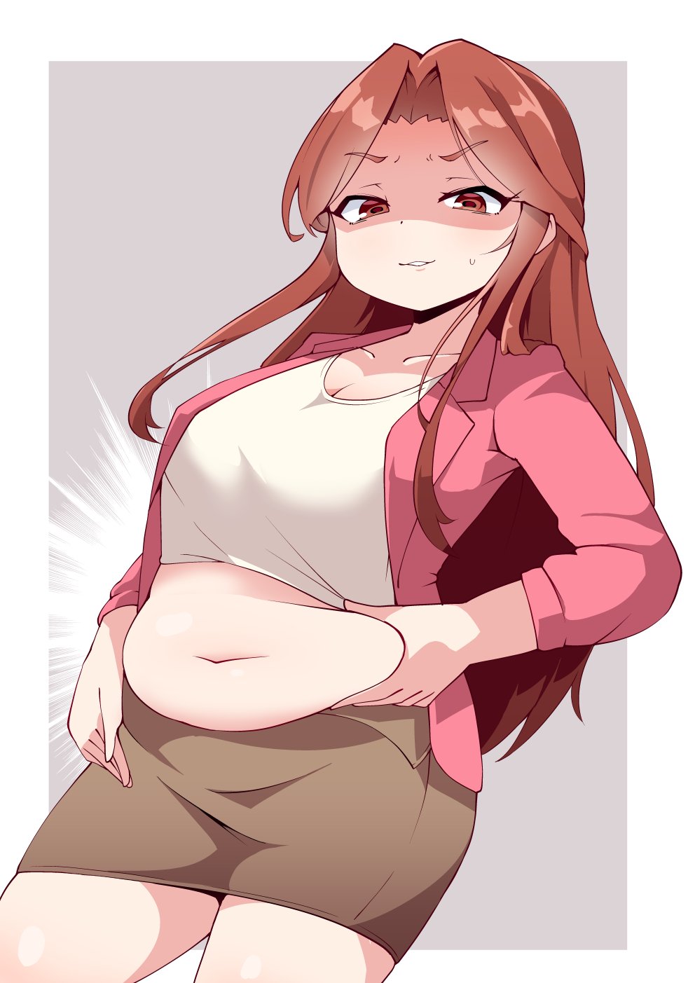 1girl belly_grab breasts brown_eyes brown_hair crop_top idolmaster idolmaster_cinderella_girls jacket large_breasts long_hair medium_breasts navel plump shaded_face shiyo_hodaka skirt smile solo standing sweat weight_conscious zaizen_tokiko