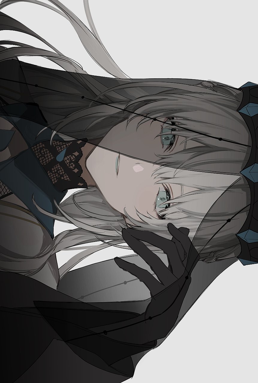 1girl black_gloves blue_eyes blue_lips fate/grand_order fate_(series) gloves grey_hair highres long_hair morgan_le_fay_(fate) morgan_le_fay_(queen_of_winter)_(fate) nozz177 parted_lips sideways solo upper_body veil white_background