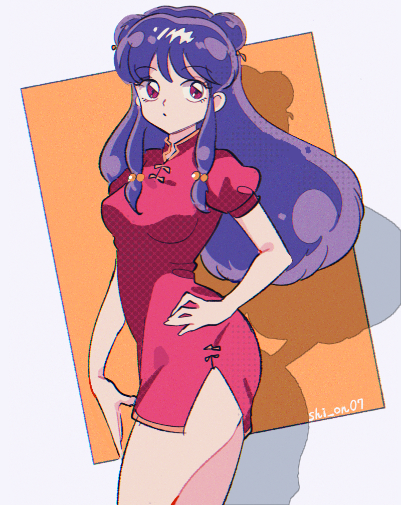 1girl artist_name chinese_clothes double_bun dress hair_bun hand_on_own_hip long_hair microdress nanashi_(mia) purple_hair ranma_1/2 red_dress red_eyes shampoo_(ranma_1/2) sidelocks