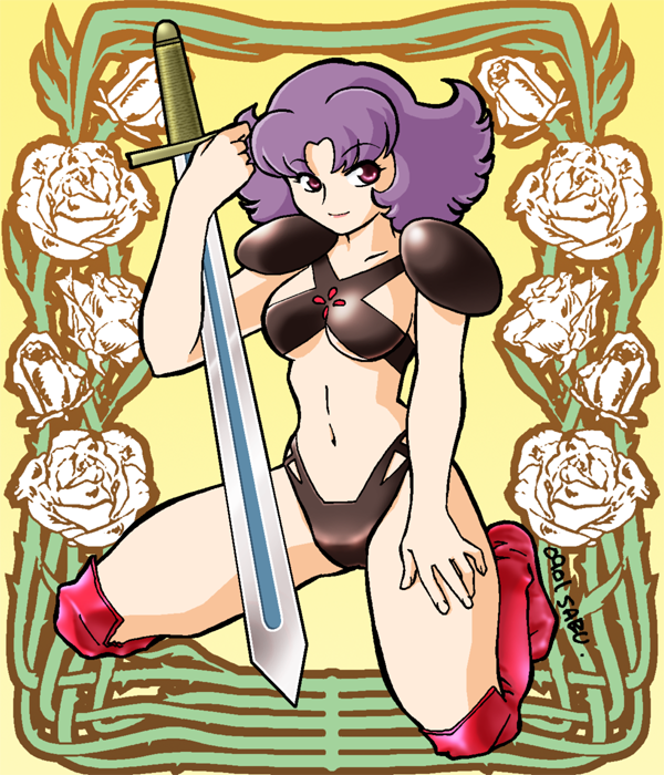 Emiya Tachi Prime Rose 1girl Armor Belly Bikini Armor Flower Purple Hair Sword Weapon