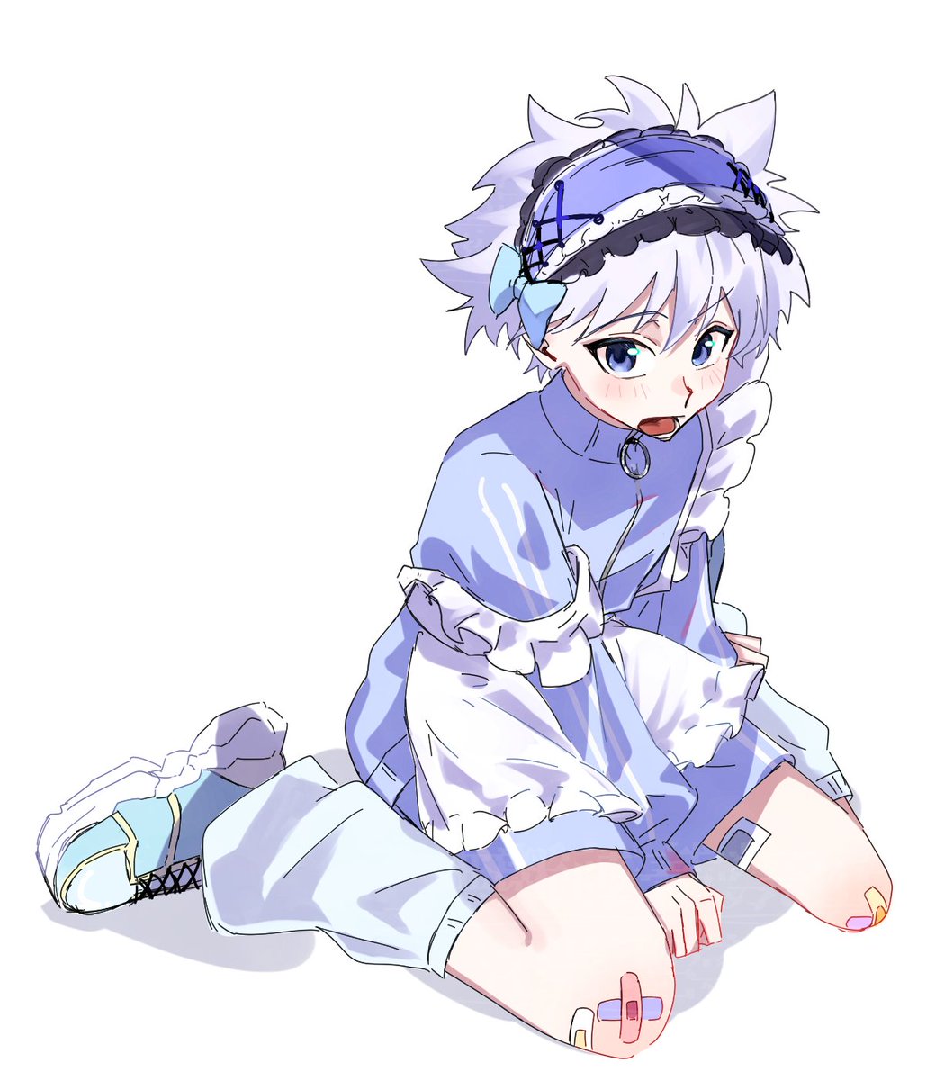 1boy alternate_costume apron bandaid bandaid_on_leg blue_bow blue_eyes blue_footwear blue_shirt blue_shorts blush bow fr_ost_s full_body highres hunter_x_hunter killua_zoldyck leg_warmers long_sleeves looking_at_viewer maid_headdress male_focus open_mouth shirt short_hair shorts simple_background sitting solo spiked_hair white_apron white_background white_hair white_leg_warmers