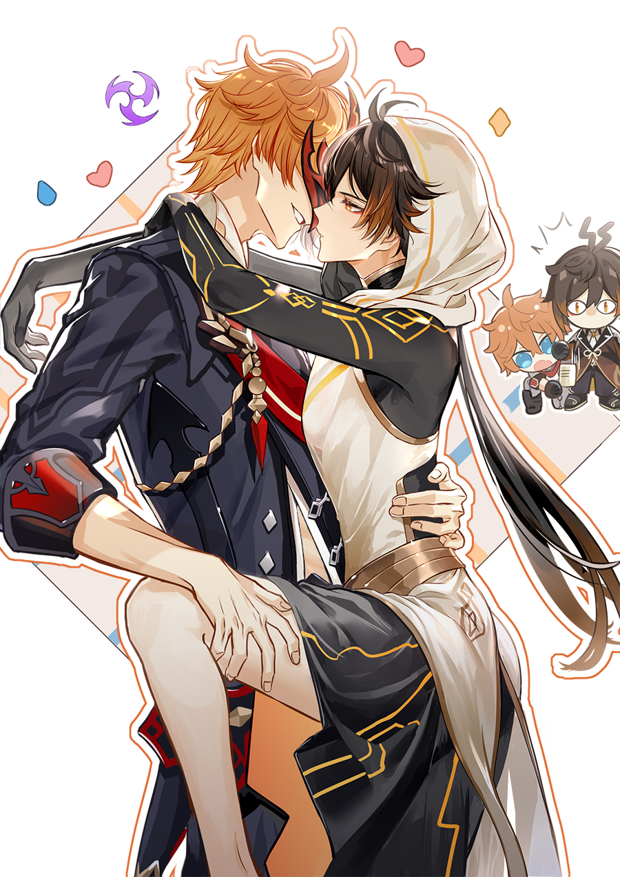 2boys ahoge blue_eyes zhongli_(genshin_impact) brown_hair carrying carrying_person chibi chibi_inset couple feet_out_of_frame genshin_impact gradient_hair hair_between_eyes highres hood hood_up imminent_kiss long_hair male_focus multicolored_hair multiple_boys official_alternate_costume pelvic_curtain ponytail qing short_hair skirt smile tartaglia_(genshin_impact) white_background wide-eyed yaoi yellow_eyes zhongli_(archon)_(genshin_impact) zhongli_(genshin_impact)