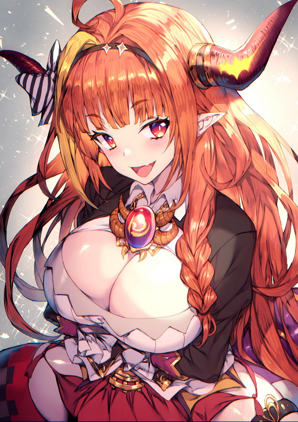 1girl ahoge blonde_hair bow breasts cleavage dragon_horns hairband highres hololive horn_bow horn_ornament horns kiryu_coco kiryu_coco_(1st_costume) large_breasts long_hair looking_at_viewer multicolored_hair open_mouth orange_hair pointy_ears red_eyes redcomet smile solo virtual_youtuber