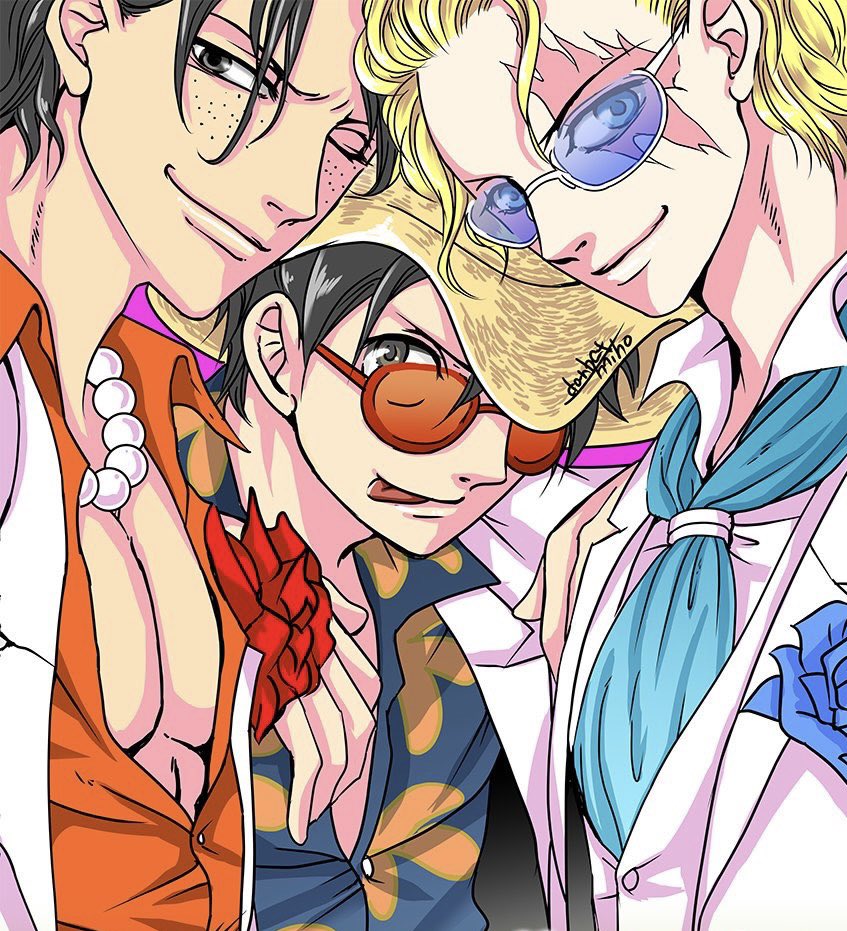 3boys black_hair blonde_hair blue-tinted_eyewear brothers close-up closed_mouth danbat_miho floral_print freckles hat jacket jewelry looking_at_viewer male_focus monkey_d._luffy multiple_boys necklace one_piece orange-tinted_eyewear pearl_necklace portgas_d._ace sabo_(one_piece) scar scar_on_face siblings signature smile straw_hat sunglasses tinted_eyewear tongue tongue_out upper_body white_jacket