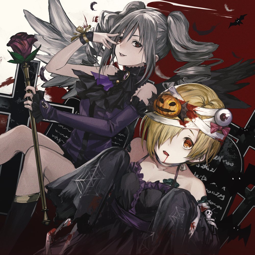 2girls ascot asymmetrical_wings bandaged_head bandaged_neck bandages bare_shoulders bat_(animal) black_ascot black_dress black_footwear blonde_hair blood blood_from_mouth blood_on_clothes bloody_bandages boots bow breasts detached_sleeves dress drill_hair eyeball_hair_ornament falling_feathers feathers flat_chest frilled_dress frills grave grey_hair hair_bow hair_ornament hair_over_one_eye hair_ribbon hands_up holding holding_wand idolmaster idolmaster_cinderella_girls idolmaster_cinderella_girls_starlight_stage infukun jack-o&#039;-lantern jack-o&#039;-lantern_hair_ornament kanzaki_ranko long_hair long_sleeves looking_at_viewer medium_breasts mismatched_wings multiple_girls open_mouth pink_ribbon purple_brooch purple_dress purple_sash purple_sleeves red_eyes ribbon sash shirasaka_koume short_hair single_detached_sleeve skull sleeveless sleeveless_dress sleeves_past_fingers sleeves_past_wrists smile spider_web_print tomb twin_drills twintails wand wings wrist_ribbon yellow_ribbon