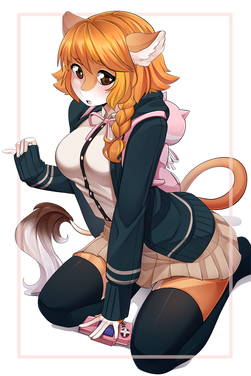 1girl animal_bag animal_ears black_thighhighs blush braid brown_eyes brown_skirt cat_bag danganronpa_(series) danganronpa_2:_goodbye_despair dress_shirt furry furry_female gift_art handheld_game_console highres iwbitu jacket lion_ears lion_girl lion_tail long_sleeves miniskirt nanami_chiaki neck_ribbon no_hair_ornament open_clothes open_jacket pink_bag pink_ribbon ribbon seiza shirt sitting skirt sleeves_past_wrists solo tail thighhighs white_background white_shirt