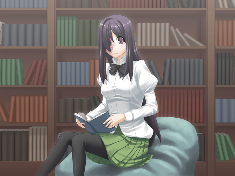 1girl bean_bag_chair black_bow black_bowtie blouse book bookshelf bow bowtie breasts burn_scar closed_mouth feet_out_of_frame game_cg green_skirt hair_over_one_eye holding holding_book ikezawa_hanako katawa_shoujo library long_hair long_sleeves looking_at_viewer medium_breasts non-web_source official_art pantyhose puffy_long_sleeves puffy_sleeves purple_eyes purple_hair reading scar school_uniform shirt skirt smile solo very_long_hair weee_(raemz) white_shirt yamaku_high_school_uniform