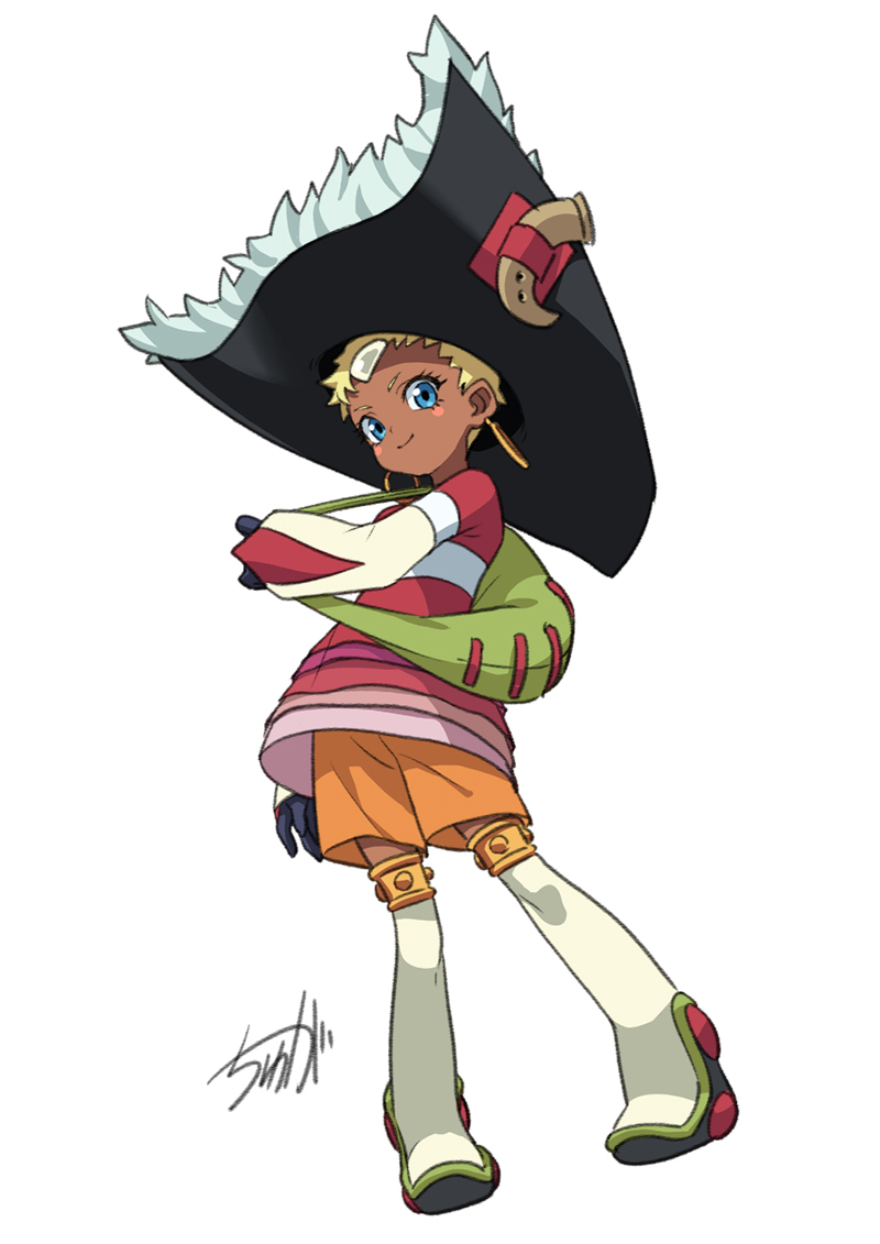 1girl blonde_hair blue_eyes blush_stickers boots chat_(tales) dark-skinned_female dark_skin earrings eyelashes forehead_jewel gloves hat jewelry looking_at_viewer orange_shorts pirate_hat red_shirt shirt short_hair shorts smile standing tales_of_(series) tales_of_eternia tyuga very_short_hair white_background white_gemstone