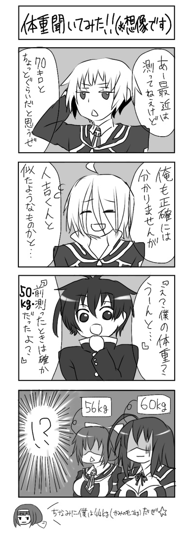 3boys 3girls 4koma ahoge ajimu_najimi akune_kouki cleavage_cutout closed_eyes clothing_cutout comic hitoyoshi_zenkichi kikaijima_mogana kumagawa_misogi kurokami_medaka long_hair medaka_box monochrome multiple_boys multiple_girls necktie ponytail school_uniform short_hair translation_request