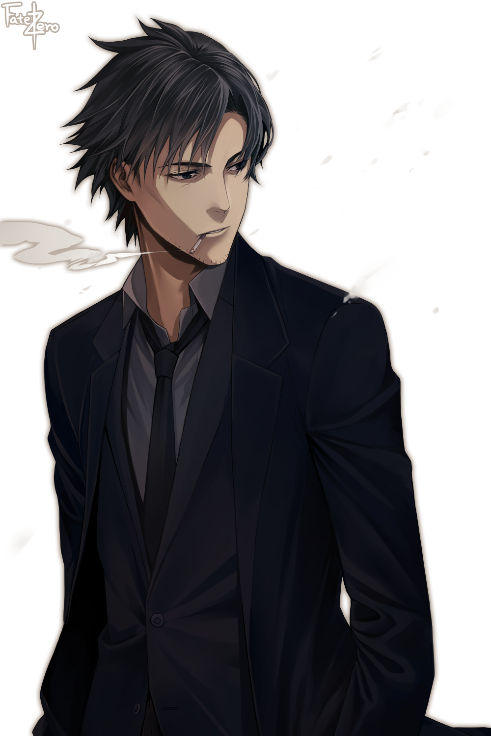 1boy black_eyes black_hair chimachi cigarette coat copyright_name emiya_kiritsugu facial_hair fate/stay_night fate/zero fate_(series) formal_clothes highres male_focus necktie simple_background smoke solo stubble suit trench_coat white_background