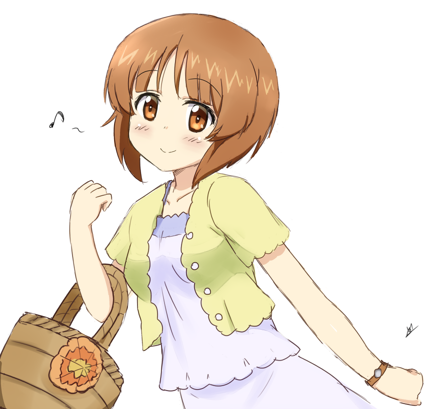 1girl alternate_costume blush breasts brown_eyes brown_hair dress girls_und_panzer holding_picnic_basket jacket ma-2_(konkon_kitakitsune) musical_note nishizumi_miho official_alternate_costume short_hair skirt spaghetti_strap sundress watch white_dress white_skirt wristwatch yellow_jacket