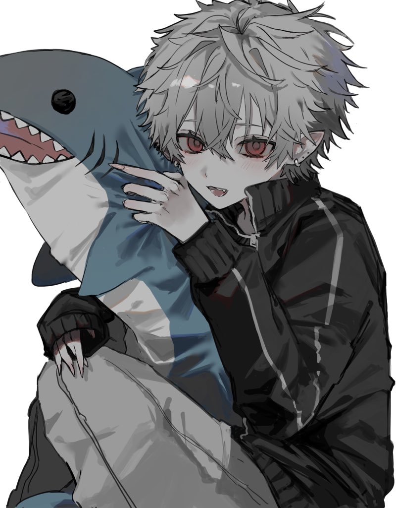 04_11221 1boy black_jacket cuffed_sleeves denim ear_piercing fingernails grey_hair hashtag holding holding_stuffed_toy hugging_object ikea_shark jacket jeans kuzuha_(nijisanji) long_sleeves looking_at_viewer male_focus mole mole_on_ear mole_under_eye nijisanji open_mouth pale_skin pants piercing pointy_ears red_eyes sharp_fingernails sharp_teeth simple_background sitting solo stuffed_animal stuffed_shark stuffed_toy teeth track_jacket vampire virtual_youtuber white_background white_pants