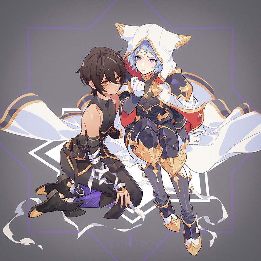 2boys bandages black_footwear brown_hair cape dark_skin dark-skinned_male erune gloves granblue_fantasy hood jamil_(granblue_fantasy) male_focus mole mole_under_eye multiple_boys purple_eyes silver_hair siruphial sitting seox_(granblue_fantasy) sleeveless white_cape white_gloves yellow_eyes