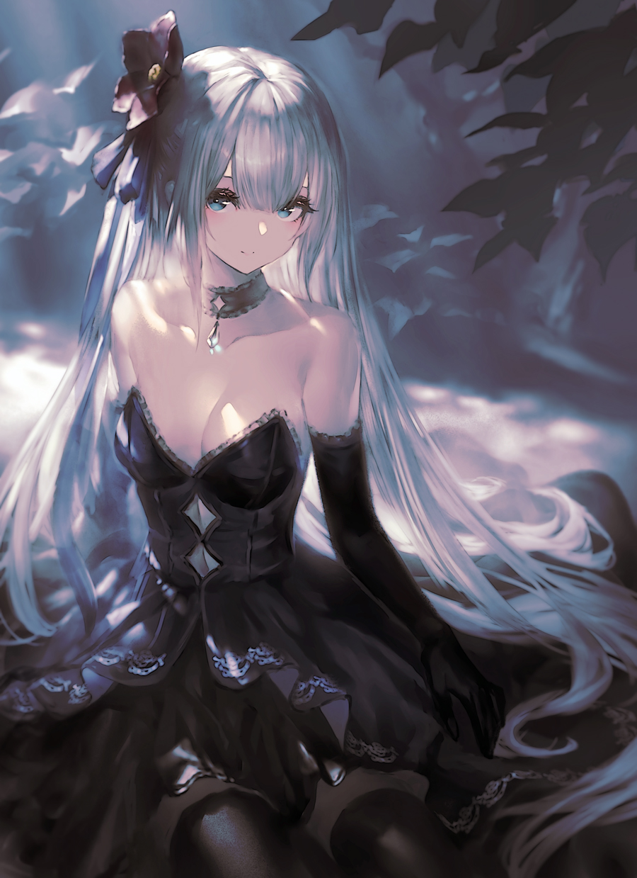 1girl black_dress black_gloves blue_eyes blush breasts choker cleavage dress elbow_gloves garuku gloves highres large_breasts leaf long_hair looking_at_viewer smile solo very_long_hair white_hair