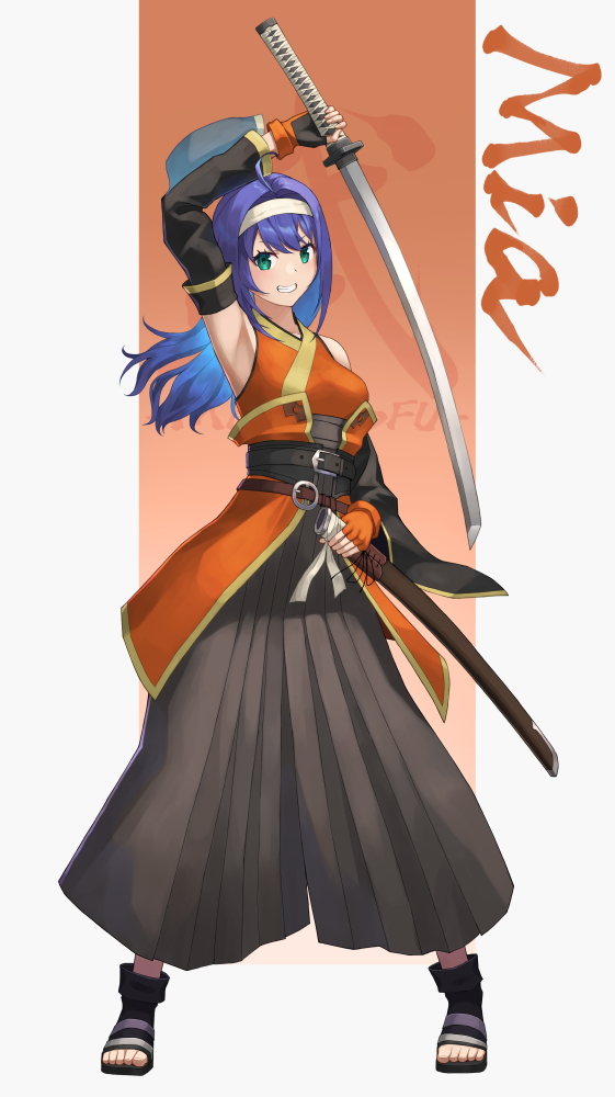 1girl ahoge alternate_costume bare_shoulders belt black_gloves black_hakama breasts character_name commentary commentary_request detached_sleeves dot_nose fingerless_gloves fire_emblem fire_emblem:_path_of_radiance full_body gloves green_eyes hairband hakama holding holding_sheath holding_sword holding_weapon japanese_clothes long_hair looking_at_viewer medium_breasts mia_(fire_emblem) mixed-language_commentary nintendo orange_background purple_hair sheath smile solo sword teeth toes two-tone_background weapon white_background white_hairband yonaga_nagaduki