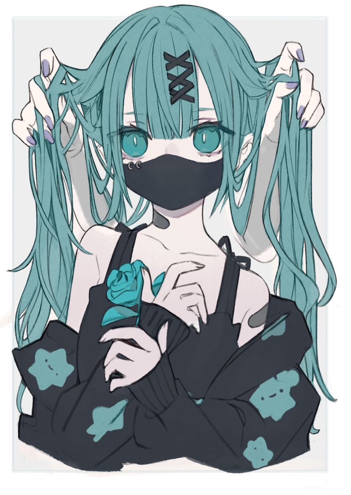 1girl aqua_eyes aqua_hair bandaid bandaid_on_arm bandaid_on_neck black_camisole black_sweater blue_flower blunt_bangs bunching_hair camisole character_print collarbone flat_chest flower hair_ornament hand_in_another&#039;s_hair looking_at_viewer mask mouth_mask muted_color off_shoulder original print_sweater purple_nails sweater tokiwata_soul twintails x_hair_ornament