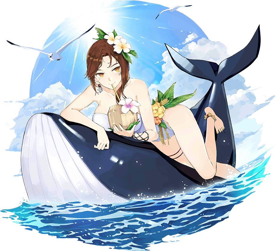 1girl artist_request barefoot bird brown_hair chi_xuan_(iron_saga) cloud drink earrings flower hair_flower hair_ornament iron_saga jewelry mole mole_under_eye official_art swimsuit third-party_source water whale yellow_eyes