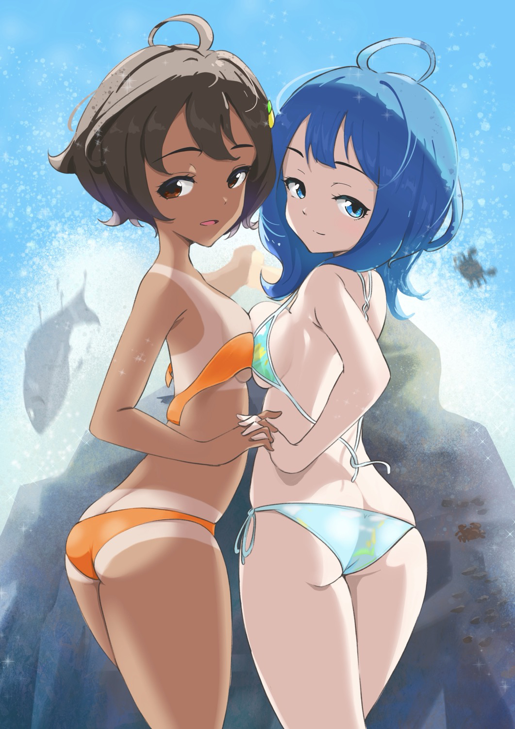 2girls ahoge ass asymmetrical_docking bikini black_hair blue_bikini blue_eyes blue_hair breast_press breasts brown_eyes butt_crack crab dark-skinned_female dark_skin fish food-themed_hair_ornament from_behind hair_ornament highres holding_hands interlocked_fingers lemon_hair_ornament looking_at_viewer looking_back make_heroine_ga_oo_sugiru! medium_breasts medium_hair microsd_(pibo) multiple_girls orange_bikini rock short_hair side-tie_bikini_bottom small_breasts strapless strapless_bikini swimsuit take_your_pick tan tanline untied_bikini yakishio_lemon yanami_anna yuri