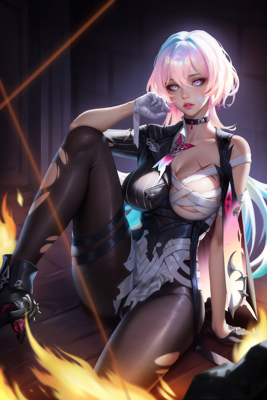 1girl arm_support bandages black_choker black_footwear black_gloves boots breasts choker collarbone earrings fire gloves glowing glowing_eyes high_heels highres honkai_(series) honkai_impact_3rd jewelry lantern_(honkai_impact) large_breasts lips medium_breasts multicolored_hair necktie on_floor pantyhose sarashi shirt single_glove sitting solo torn_clothes torn_pantyhose white_shirt wo_jiushi_kanbudong