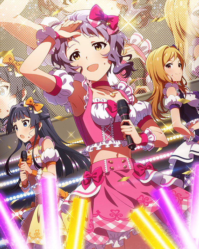 armlet black_hair blue_eyes bow brown_hair buttons card_(medium) confetti frilled_skirt frills glowstick hair_bow heart holding holding_microphone idol idol_clothes idolmaster idolmaster_million_live! idolmaster_million_live!_theater_days jewelry makabe_mizuki microphone mogami_shizuka momose_rio monitor navel necklace official_art open_mouth purple_hair red_eyes skirt stage_lights wrist_cuffs yellow_eyes