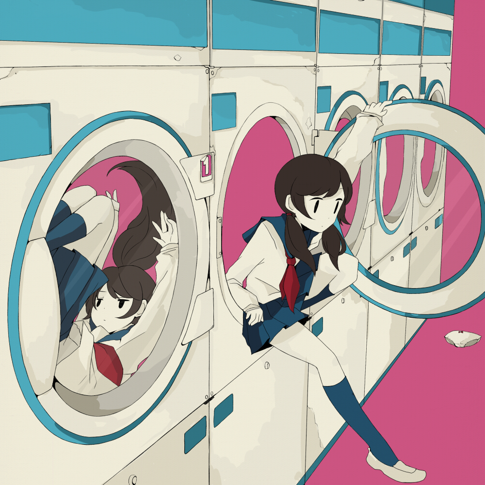 456, original, 2girls, arms up, brown hair, kneehighs, laundromat, long