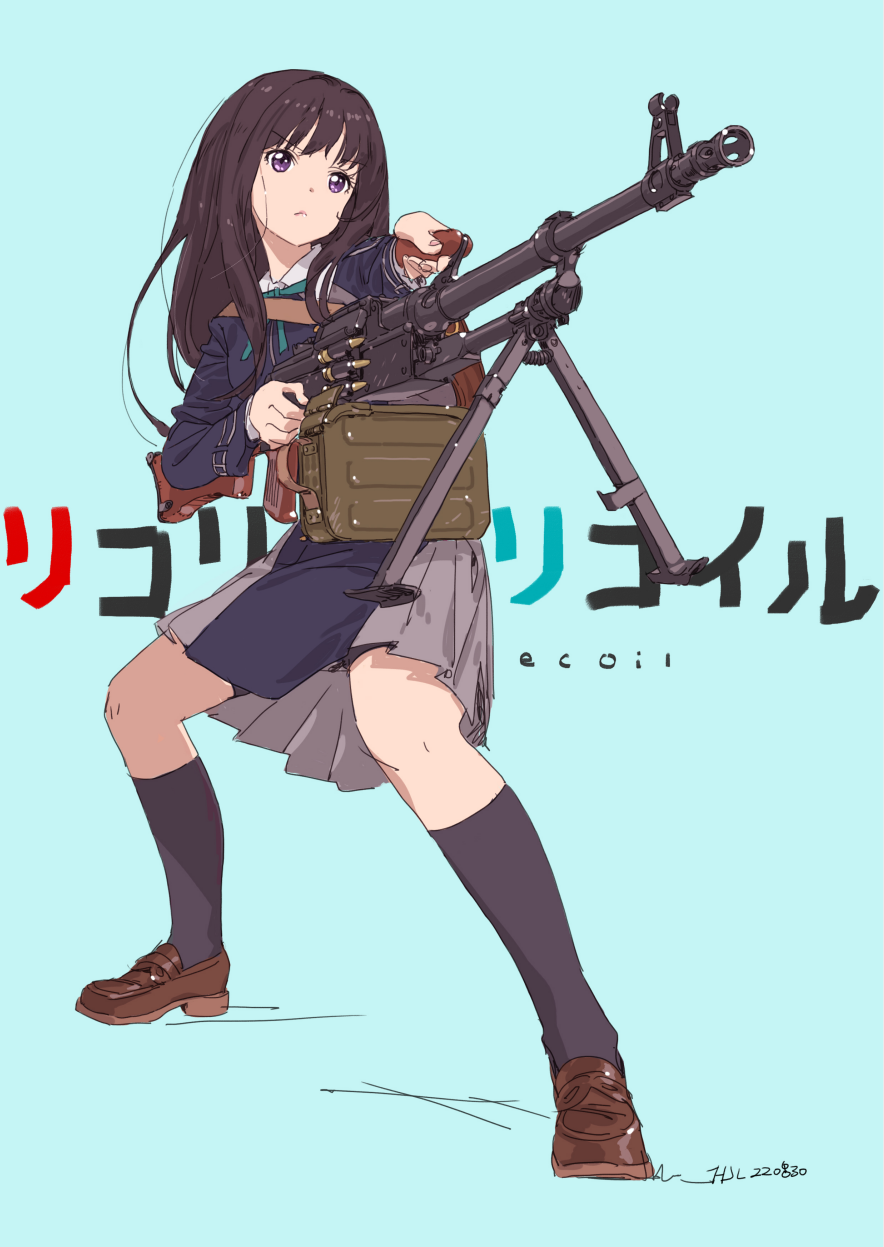 1girl belt black_hair black_socks blue_background blue_belt blue_dress collared_shirt commentary_request copyright_name dress full_body green_ribbon grey_dress gun highres hjl holding holding_gun holding_weapon inoue_takina kneehighs loafers long_hair lycoris_recoil lycoris_uniform machine_gun neck_ribbon pk_machine_gun pkm pleated_dress purple_eyes revision ribbon school_uniform shirt shoes simple_background socks solo two-tone_dress weapon white_shirt