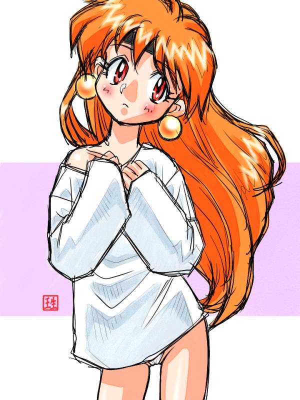 1girl blush earrings female_focus headband ikurumi_kaoru jewelry jpeg_artifacts lina_inverse nightshirt no_pants orange_hair panties pantyshot red_eyes slayers solo underwear white_panties