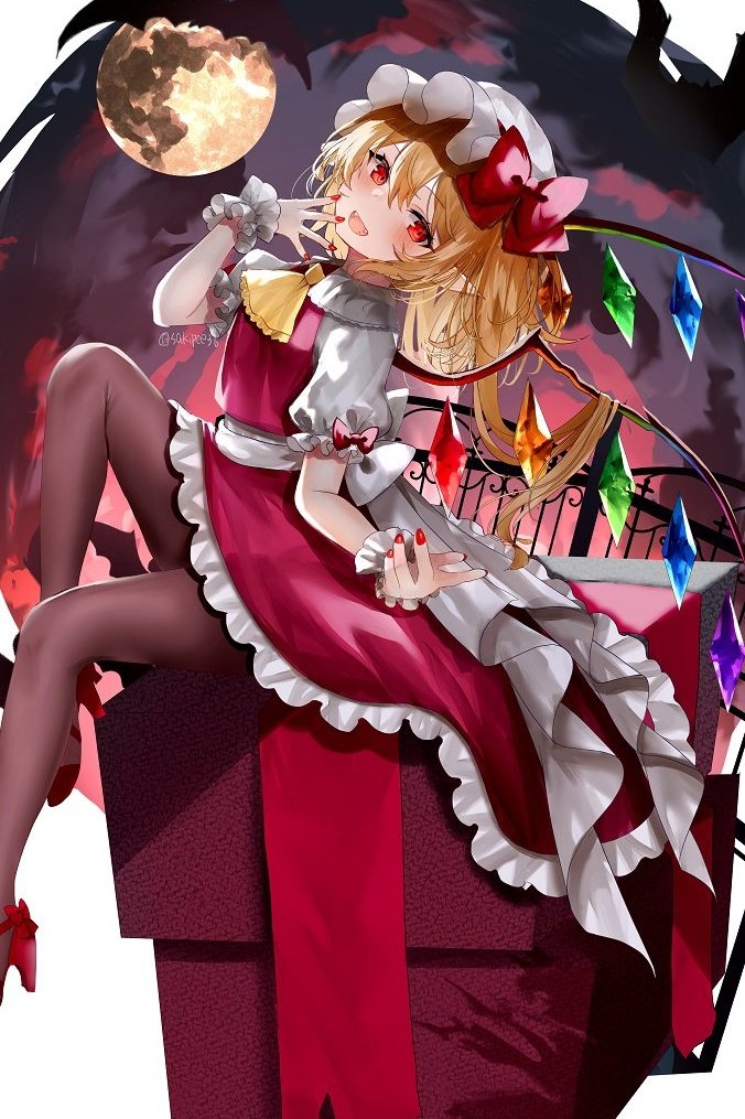 1girl artist_name ascot back_bow bat_(animal) bat_wings blonde_hair blush bow brown_pantyhose cloud cloudy_sky collared_shirt commentary_request crystal fang fangs fingernails flandre_scarlet flying footwear_bow frills grey_bow grey_hat grey_shirt grey_sky hair_between_eyes hands_up hat hat_bow jewelry looking_down mob_cap moon multicolored_wings nail_polish night night_sky one_side_up open_mouth pantyhose pointy_ears puffy_short_sleeves puffy_sleeves purple_bow purple_vest red_bow red_eyes red_footwear red_nails red_skirt sakizaki_saki-p shadow shirt shoes short_hair short_sleeves sitting skirt sky sly smile solo tongue touhou vest wings wrist_cuffs yellow_ascot