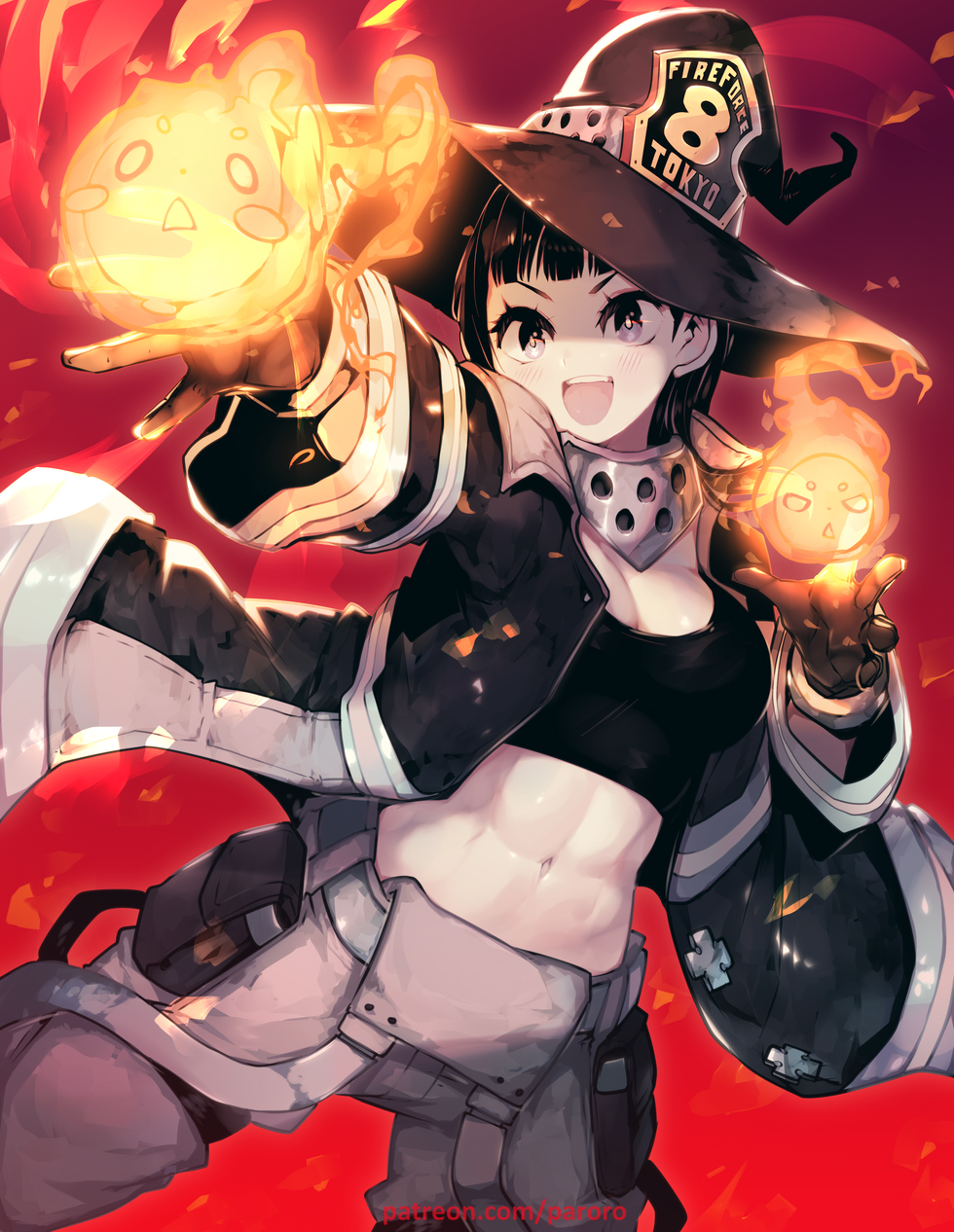 1girl :d abs black_hair black_jacket black_tank_top blunt_bangs cargo_pants commentary cowboy_shot creature crop_top determined dutch_angle en&#039;en_no_shouboutai english_commentary fire hat highres jacket light_blush maki_oze midriff navel open_clothes open_jacket open_mouth pants parororo red_background revision short_hair smile solo stomach tank_top teeth toned upper_teeth_only v-shaped_eyebrows witch_hat