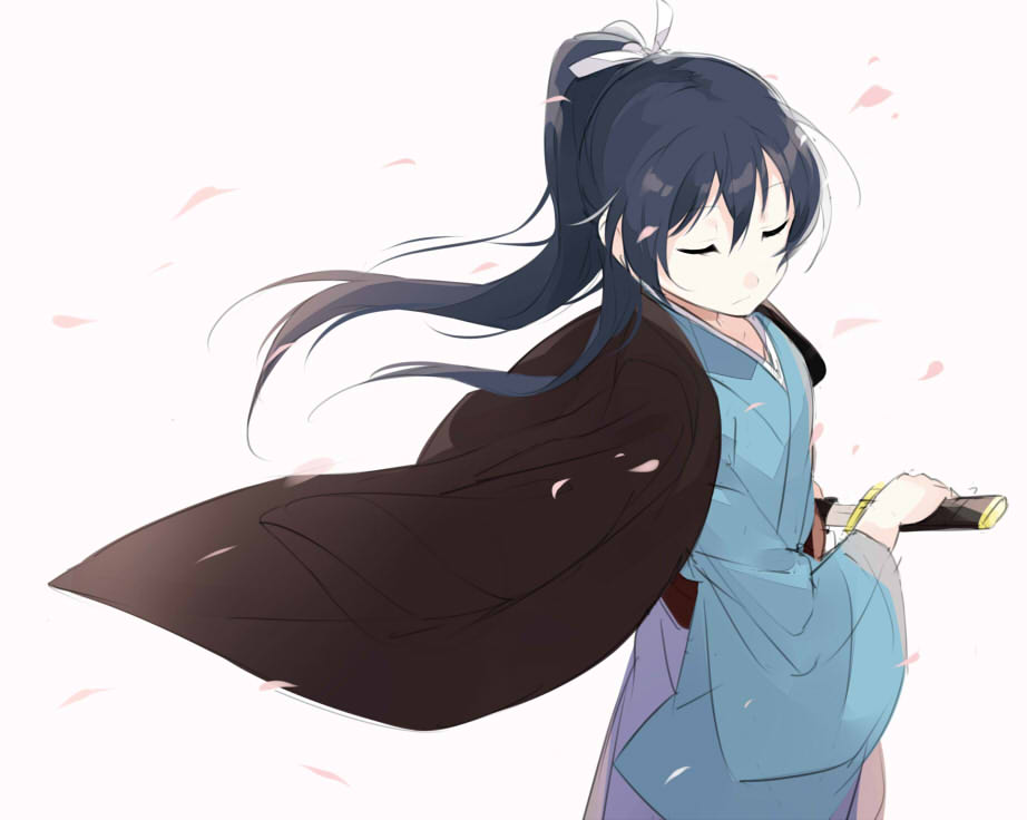 1girl bad_id bad_pixiv_id blue_hair blue_kimono closed_eyes closed_mouth commentary_request hair_between_eyes holding holding_sword holding_weapon japanese_clothes katana kimono long_hair long_sleeves love_live! love_live!_school_idol_project petals ponytail sheath simple_background solo sonoda_umi standing sword totoki86 weapon white_background