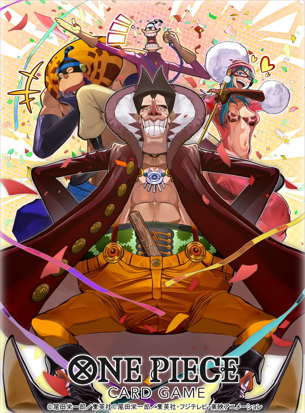 1girl 3boys ^_^ abs bare_pectorals black_hair closed_eyes collared_coat commentary_request confetti copyright_name elbow_gloves eye_mask foxy_(one_piece) gloves hamburg_(one_piece) hands_on_own_hips hat heart highres holding itomimizu_(one_piece) laughing long_nose looking_at_viewer multiple_boys notice_lines official_art one_piece one_piece_card_game orange_pants pants pectorals pom_pom_(clothes) porche_(one_piece) ryudaman smile suspenders