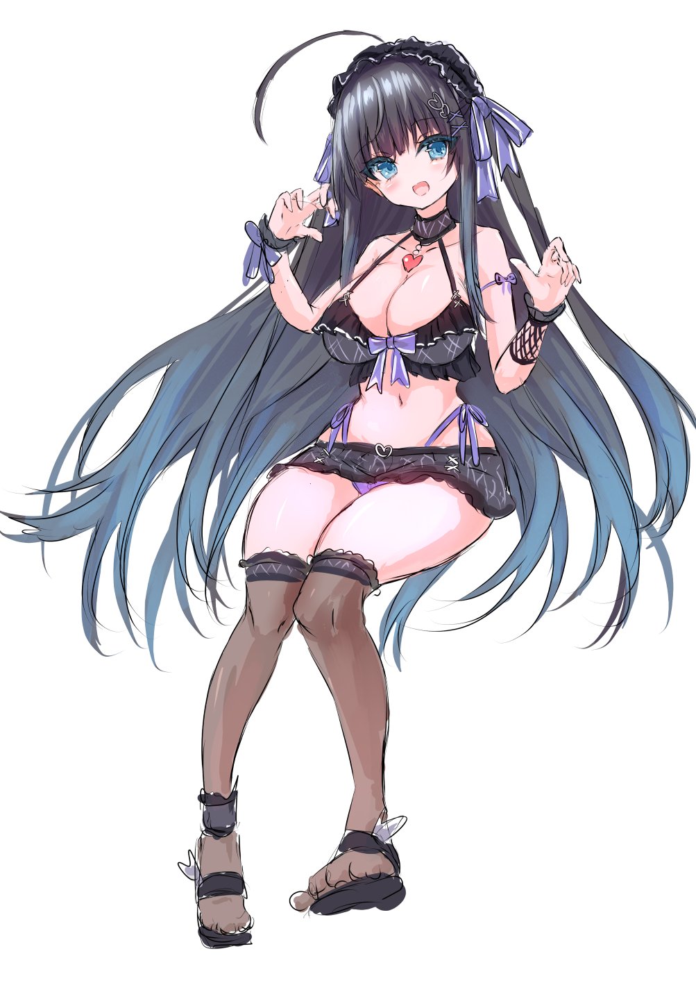 1girl :d ahoge arm_ribbon assault_lily bare_shoulders bikini bikini_skirt black_bikini black_footwear black_hair black_hairband blue_eyes blue_hair blush bow bow_bikini breasts brown_thighhighs cleavage collarbone frilled_hairband frills full_body gradient_hair hair_ornament hair_ribbon hairband hairclip halterneck hands_up heart heart_hair_ornament heart_pendant highres huge_ahoge invisible_chair knees_together_feet_apart large_breasts long_hair looking_at_viewer mozuna_noa multi-strapped_bikini_bottom multicolored_bikini multicolored_hair navel neni_hatahachi official_alternate_costume open_mouth purple_bikini purple_bow purple_ribbon ribbon sandals side-tie_bikini_bottom sidelocks simple_background sitting sketch smile solo stomach striped_ribbon swimsuit thighhighs two-tone_bikini two-tone_hair very_long_hair white_background wrist_cuffs wrist_ribbon x_hair_ornament